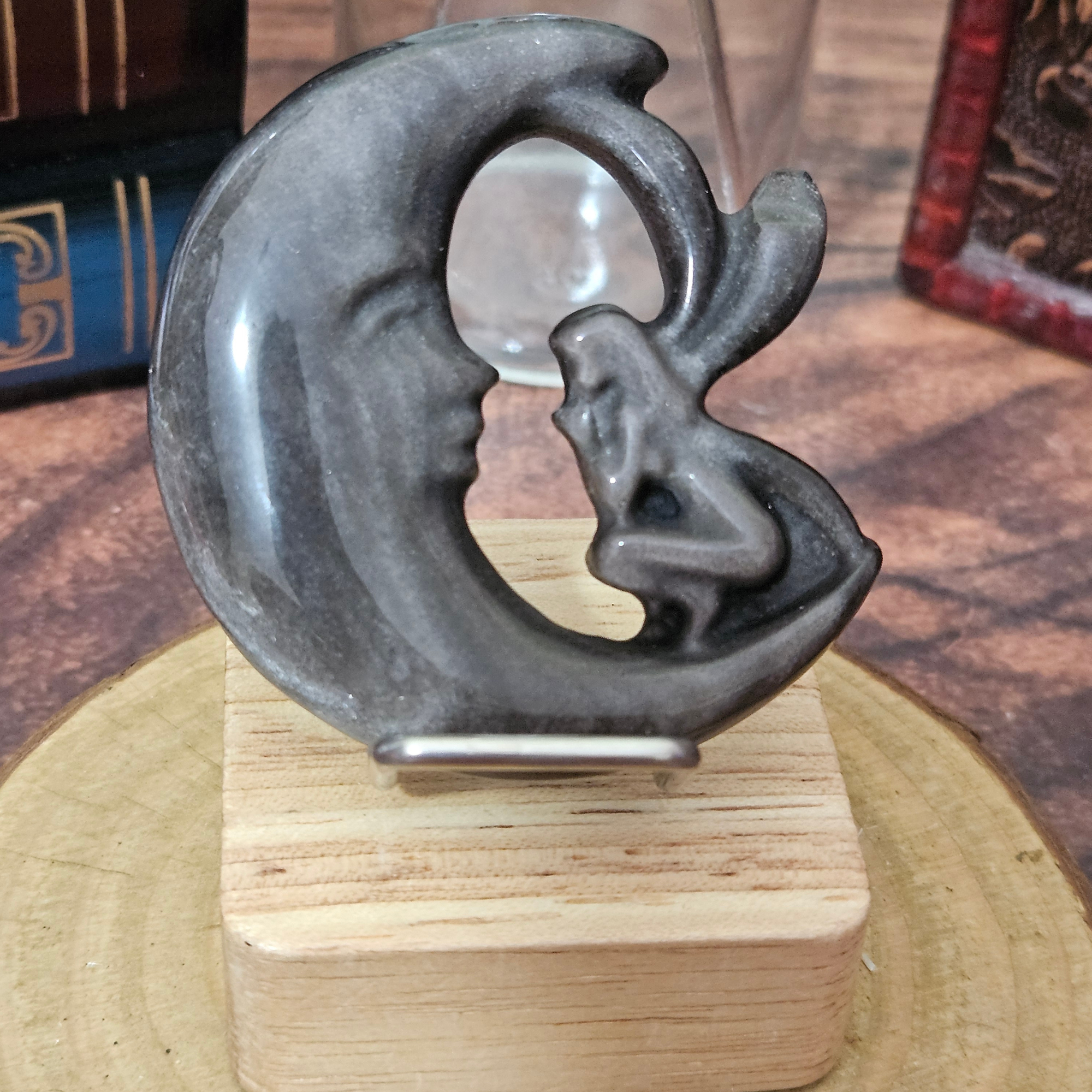 Silver Obsidian Fairy Moon Carving