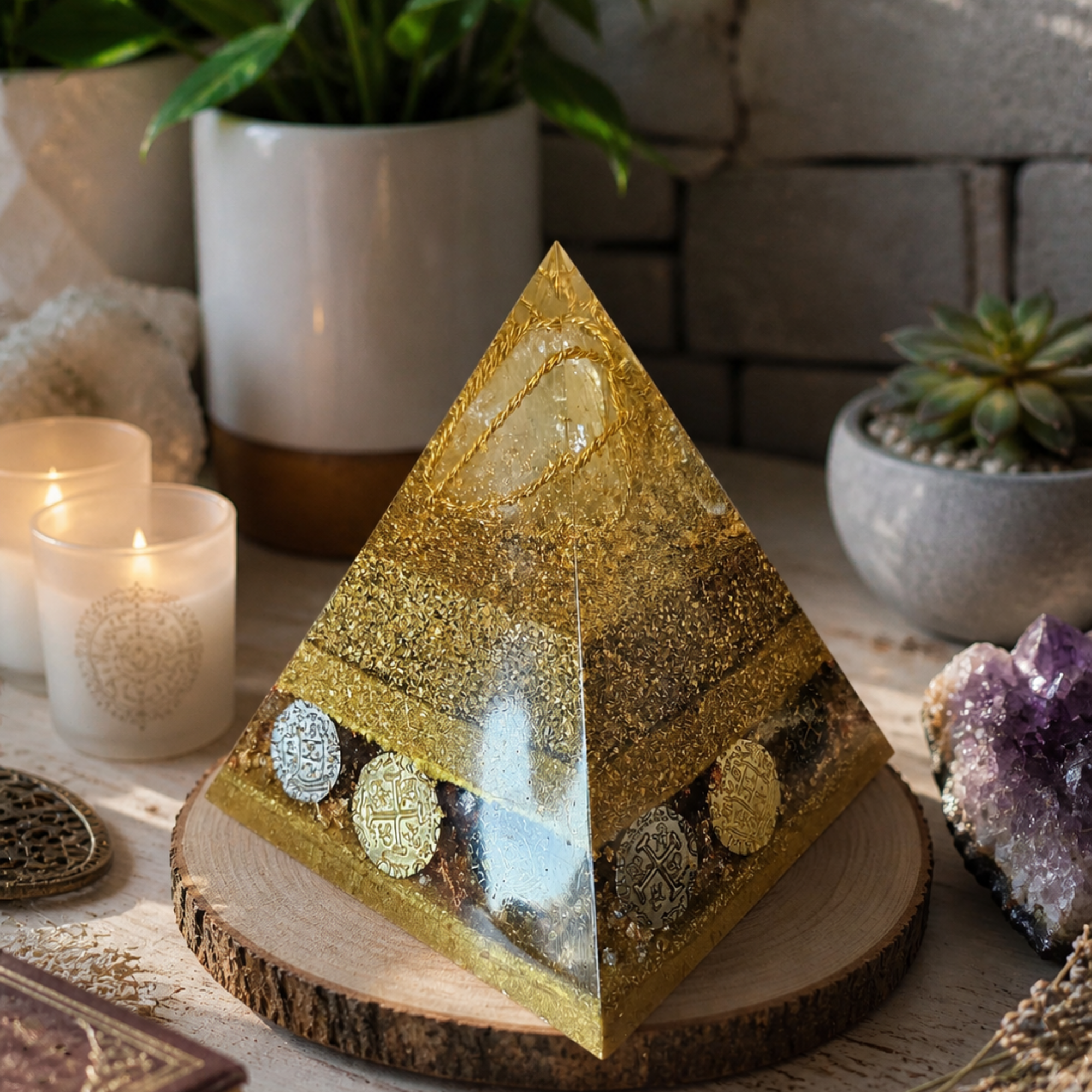 Abundance Orgonite Pyramid – Citrine & Gold Leaf
