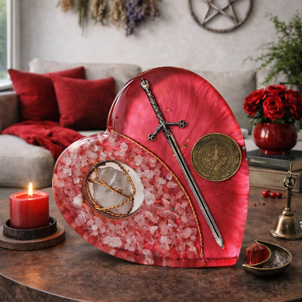 Red Guardian Heart – Rose Quartz Orgonite Charging Plate