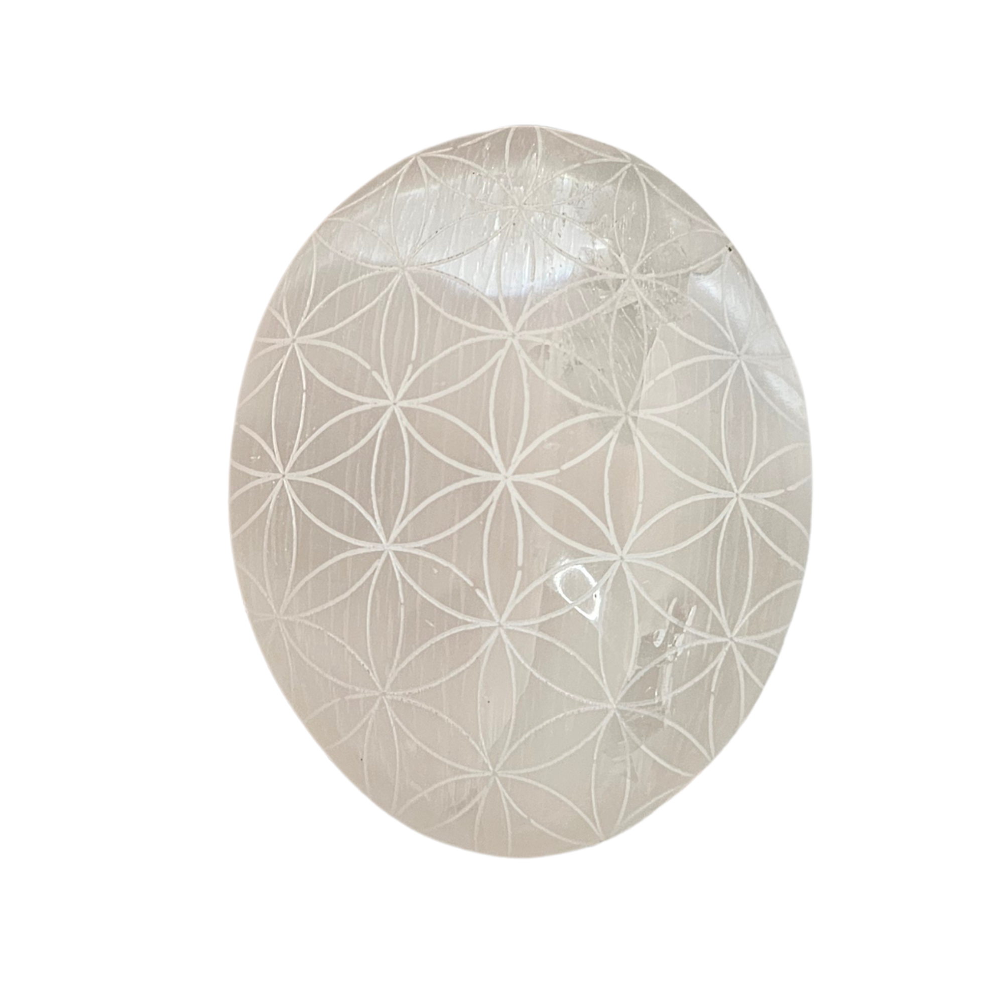 Selenite Palm Stone – Flower of Life Engraved Crystal