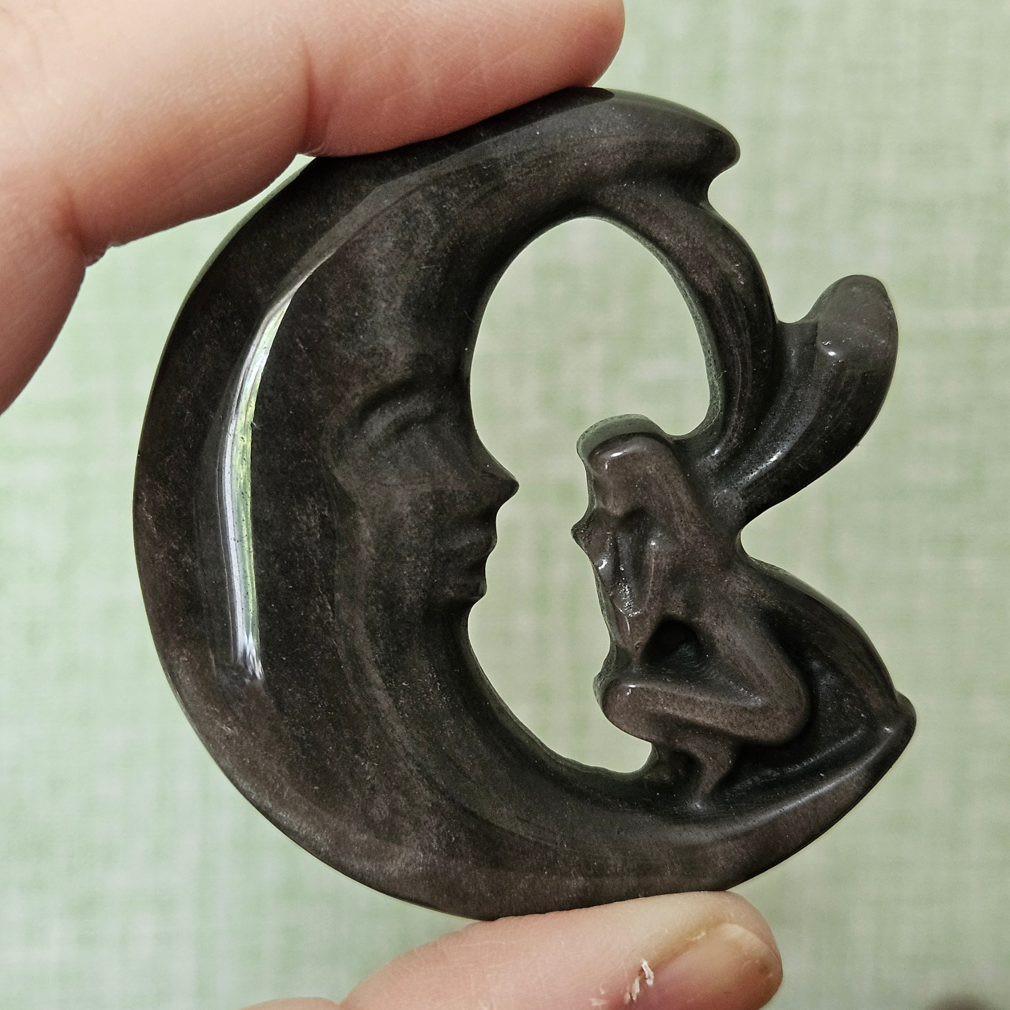 Silver Obsidian Fairy Moon Carving